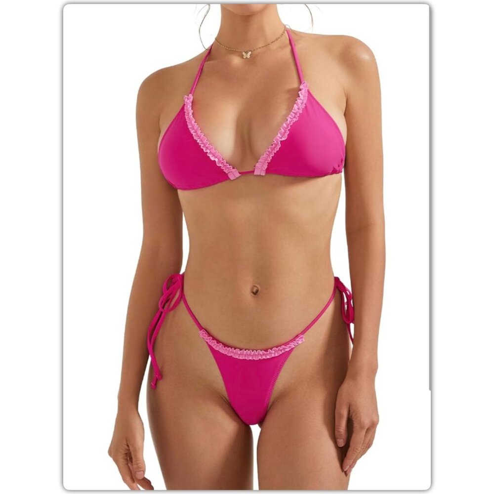 Pink Ruffle Thong Triangle Bikini - Picture 2 of 5